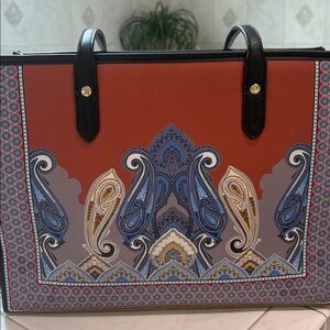 Spartina 449 Vintage Paisley Faux Leather Top Zip Tote Bag with Leather Trim